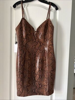 Brown Faux-Snakeskin Slip Dress with Spaghetti Straps